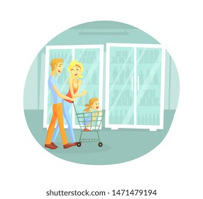 Happy Family Shopping in Supermarket, Cheerful Parents and Their Daughter Walking with Cart in Grocery Store Vector Illustration