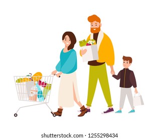 Happy family shopping in supermarket. Smiling mother, father and son buying food products in grocery store. Cute cartoon characters isolated on white background. Vector illustration in flat style.