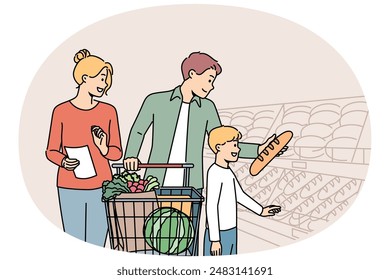 Happy Family shoppt im Supermarkt, steht mit Trolley in der Nähe von Regalen mit frischem Brot. Junge besucht Lebensmittelgeschäft mit Eltern, die sich für Gebäck oder Brot entscheiden, für das Konzept der gesunden Ernährung