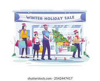 Happy family shopping at the supermarket with their children wearing Santa Claus Hats purchases goods and gifts. Christmas winter holiday sale. Flat vector illustration