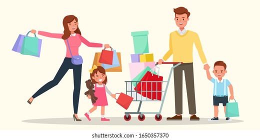 Happy family shopping together character vector design.