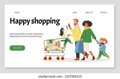 Happy Family Shopping Website Banner With Father, Mother And Children Carry Bags On Grocery Trolley. Big Sale Shopping Event Promotion, Flat Vector Illustration.