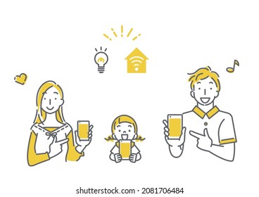 happy family showing phone, simple illustration