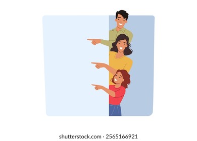 Happy family showing white banner and pointing with finger at place to commercial offer. Announcement from positive family with advertising account for marketing campaign and attracting customers