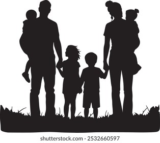 Happy Family silhouette Black and White Vector Graphic. Vector illustration.