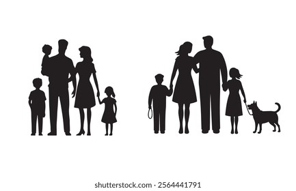 Happy family silhouette with dog set, Family silhouettes, Vector illustration silhouettes of family, Collection of family silhouettes on isolated background