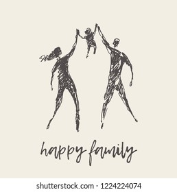 Happy family silhouette, hand drawn vector illustration, sketch