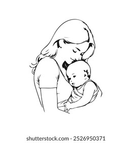 Happy Family Silhouette Line Art Drawing. Mother and Baby Abstract Line Drawing Minimalist Illustration. Vector EPS 10.	