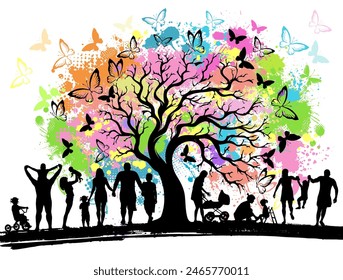 Happy Family silhouettes. Childhood. colorful tree. hand drawing. Not AI Vector illustration.