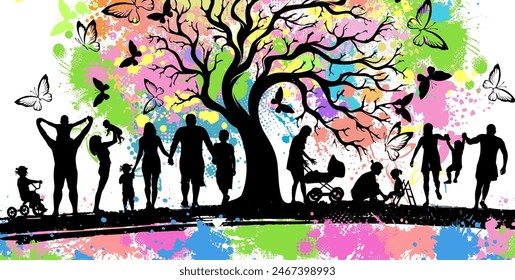 Happy Family silhouettes. Childhood. colorful tree. hand drawing. Not AI Vector illustration.