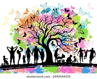 Happy Family silhouettes. Childhood. colorful tree. hand drawing. Not AI Vector illustration.