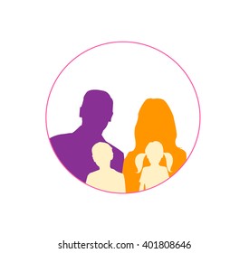 Happy family silhouettes icon multicolored in simple figures. two children, dad and mom stand together. Vector can be used as logotype. Card illustration