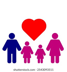 Icono simple de la familia feliz con la ilustración de papá mamá y dos hijas y el elemento rojo del amor Ilustración vectorial de la familia del arte del Clip editable