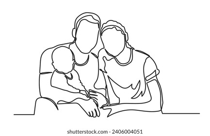 Happy Family single continuous line drawing of A happy family with one child. isolated on a white background. Vector illustration.
