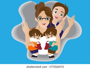 Happy family Single Mom with her son and twin's son colourful flat design happy family concept isolated on blue background vector illustration