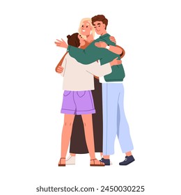 Happy family, single mother hugging children teenagers with love. Smiling mom parent embracing teenage kids, girl and boy, son and daughter. Flat vector illustration isolated on white background