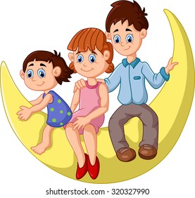 happy family sit on the moon