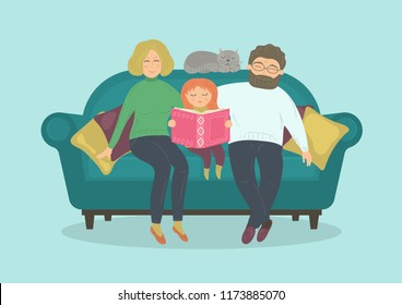 Happy family sit on sofa on blue background.  Parents with daughter. Vector illustration.