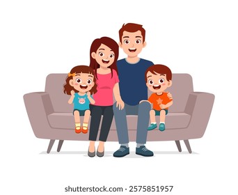 happy family sit on sofa for portrait photograph together