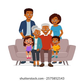 happy family sit on sofa for portrait photograph together