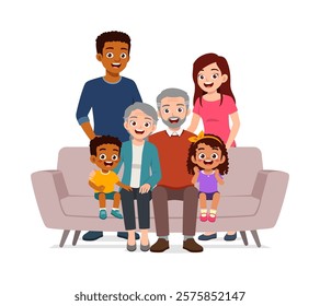 happy family sit on sofa for portrait photograph together