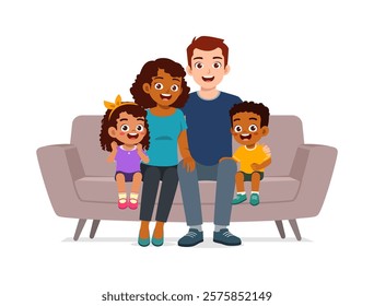 happy family sit on sofa for portrait photograph together