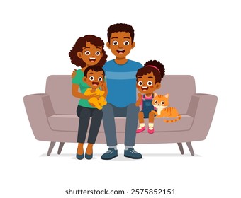 happy family sit on sofa for portrait photograph together