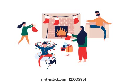 Happy family sitting by fireplace at home and preparing for celebration Christmas holiday. Mom daughter hanging Santas sock, dad in chair, son playing cat. Vector illustration in cartoon flat style