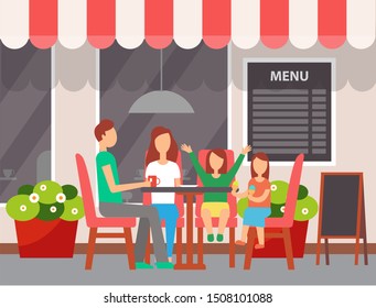 Happy Family Sitting In Cafe Outdoor, Father Drinking And Daughters Eating Ice-cream, Lunch Time Together. People In Restaurant, Outside View. Vector Illustration In Flat Cartoon Style