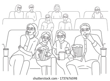 Happy family sitting at cinema or movie theater. Parents with children watching 3d movie or cartoon together. Concept of family pastime. Editable stroke vector illustration.