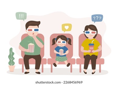 Happy family is sitting in cinema and watching movie. People in stereo glasses are watching 3d movie. Cute characters are eating popcorn and looking at screen. Front view. Weekend, entertainment time.