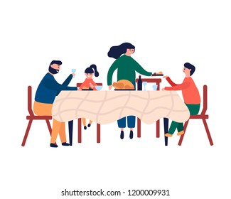 Happy family sitting at dinner table and eating turkey. Smiling mom dad son and daughter celebrating festive Thanksgiving, Christmas. Vector illustration in cartoon flat style