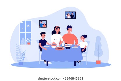 Familia feliz sentada en la mesa de la cena en la ilustración del vector de casa. Dibujo de caricatura de madre, padre, hijo y hija sonrientes comiendo juntos. Familia, comida, unión, concepto de comodidad