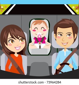Happy Family Sitting Inside Car Driving Through A Road With Seatbelts Fastened