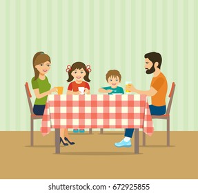 Happy  Family Sitting At The  Kitchen Table.Vector Flat Illustration