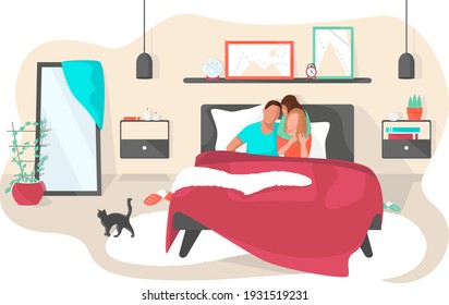 Happy family sitting in a modern cosy bedroom with pillows and blanket, bedside tables with books and candles, pictures and flower at mirror. Vector colorful illustration isolated on white background.