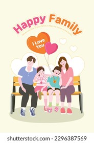 happy family sitting on a bench