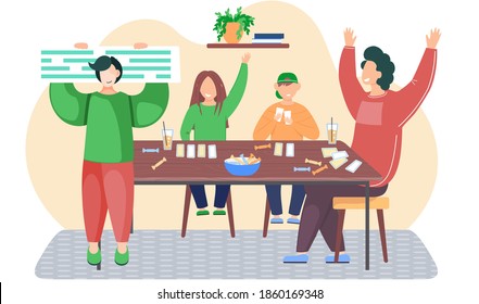 Happy family sitting on chairs at table and playing board game. Living room interior at home. Parents and children spending evening time together. Guy stands with sign. Man happily raises his hands