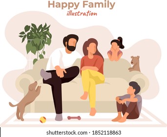 Happy family sitting on the comfy couch and talking. Parents and children have fun with dogs in cozy home. Cartoon interior in natural colors. Modern stay safe vector illustration