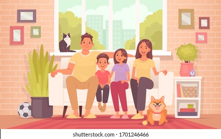 Happy family is sitting on the couch. Mom, dad, daughter, son and pets at home, against the background of the room and the view from the window of the apartment. Vector illustration in cartoon style