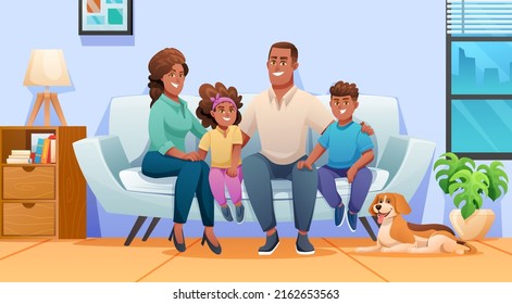 Happy family sitting on the couch together at home with father, mother, children and a pet. Family illustration in cartoon style