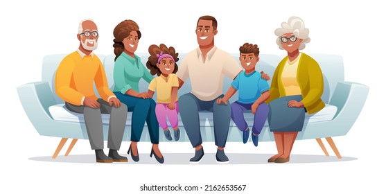 Happy family sitting on the couch together with father, mother, grandfather, grandmother and children. Family illustration in cartoon style