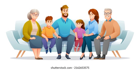 Happy family sitting on the couch together with father, mother, grandfather, grandmother and children. Family character concept in cartoon style