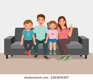 Happy family sitting on the couch together