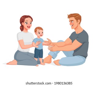 Happy family sitting on the floor. Cartoon vector illustration isolated on white background.