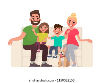 Happy family sitting on the sofa. Father, mother, son and daughter together at home. Vector illustration in cartoon style