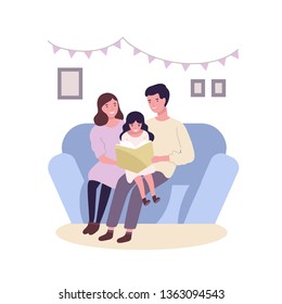 Happy Happy Family Sitting On Sofa And Reading Book Or Fairytale. Smiling Mother, Father And Daughter Spending Time Together. Parents And Child At Home. Flat Cartoon Colorful Vector Illustration.