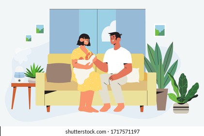 Happy family sitting on sofa in  renovated apartment with trendy interior and furniture with house plants holding newly born child. Concept of family or house insurance for banner, landing page.