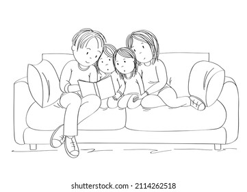 Happy family sitting on the sofa and reading together - original hand drawn illustration