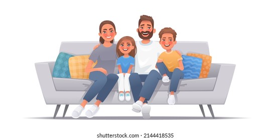 Happy family sitting on sofa over isolated background. Mom, dad, son and daughter are smiling while sitting on the couch. Concept of happiness and love, home comfort or watching a movie or telecast to - Shutterstock ID 2144418535
